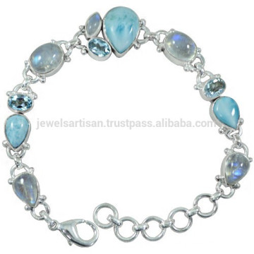 Larimar Rainbow Moonstone & Blue Topaz with 925 Silver Chain Link Bracelet